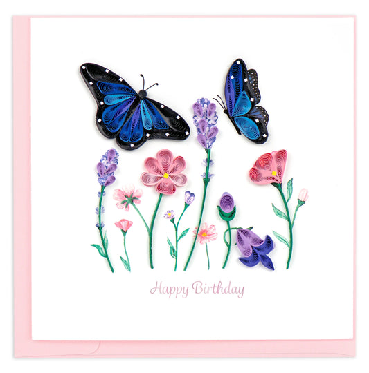 Quilling Card  "Birthday Flowers & Blue Butterflies" style  BD182
