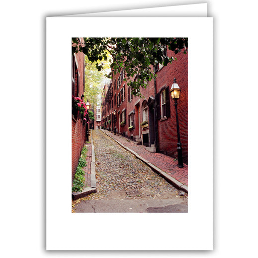 Helen Eddy glitter photo card - Acorn Street with Pink Flowers - Beacon Hill - Item 50D-B56