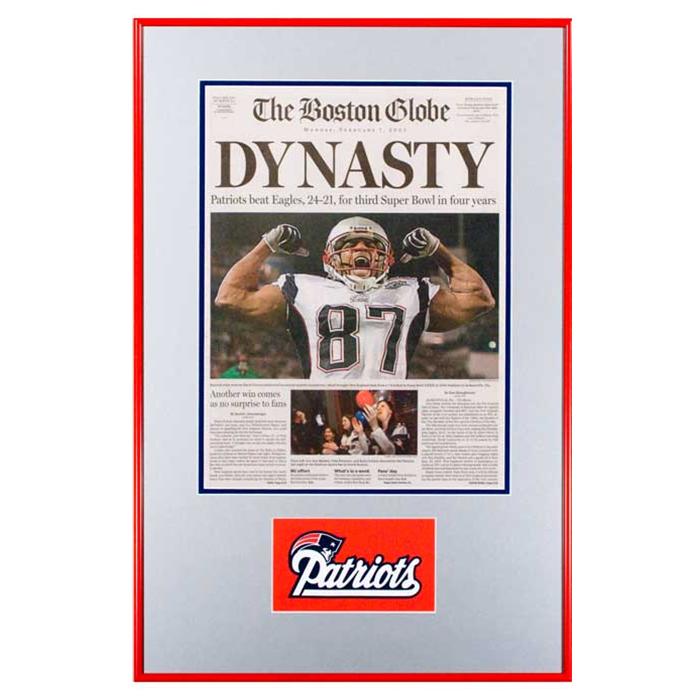 framed boston globe newspaper cover of patriots 2005 super bowl victory